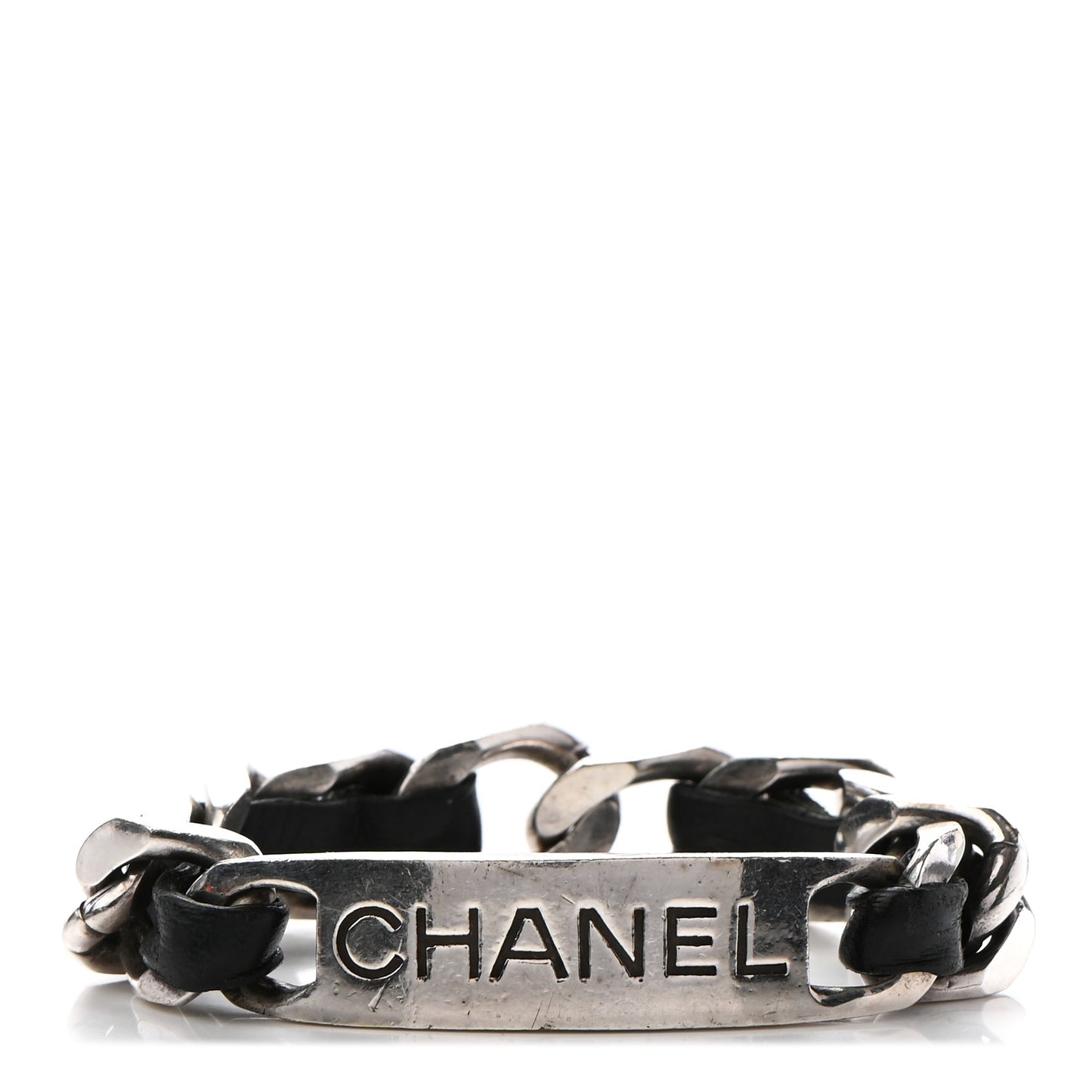 Metal Lambskin Name Plate Bracelet Black Silver