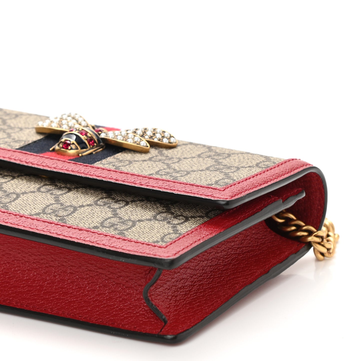 GG Supreme Monogram Web Queen Margaret Chain Wallet Red