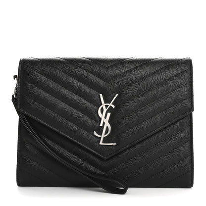 Saint Laurent Grain De Poudre Matelasse Chevron Monogram Envelope Clutch Black 1 of 7