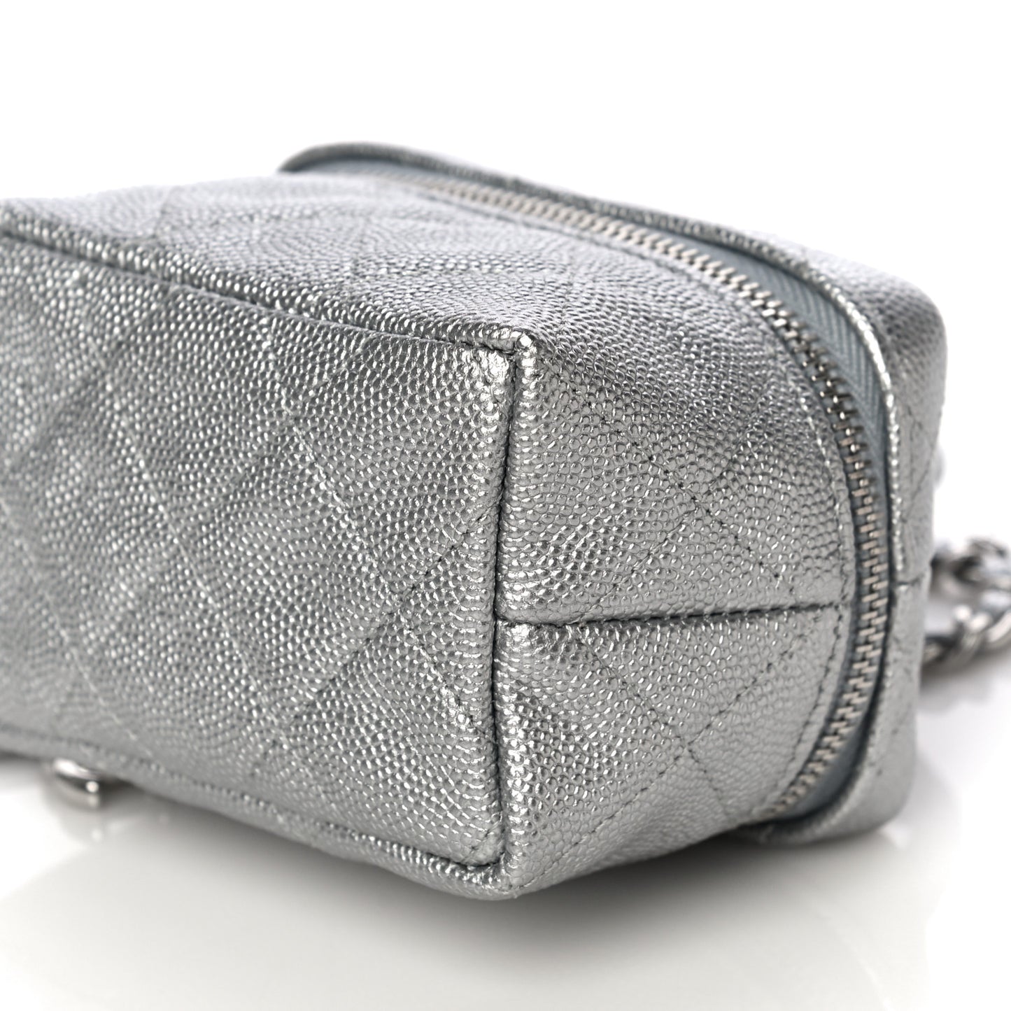 Metallic Caviar Quilted Mini Top Handle Vanity With Chain Silver