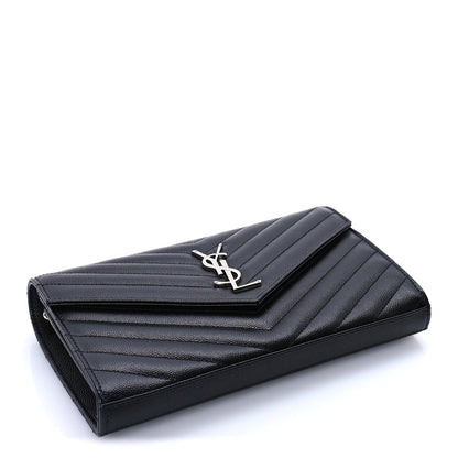 Saint Laurent Grain De Poudre Matelasse Chevron Monogram Chain Wallet Black 3 of 7