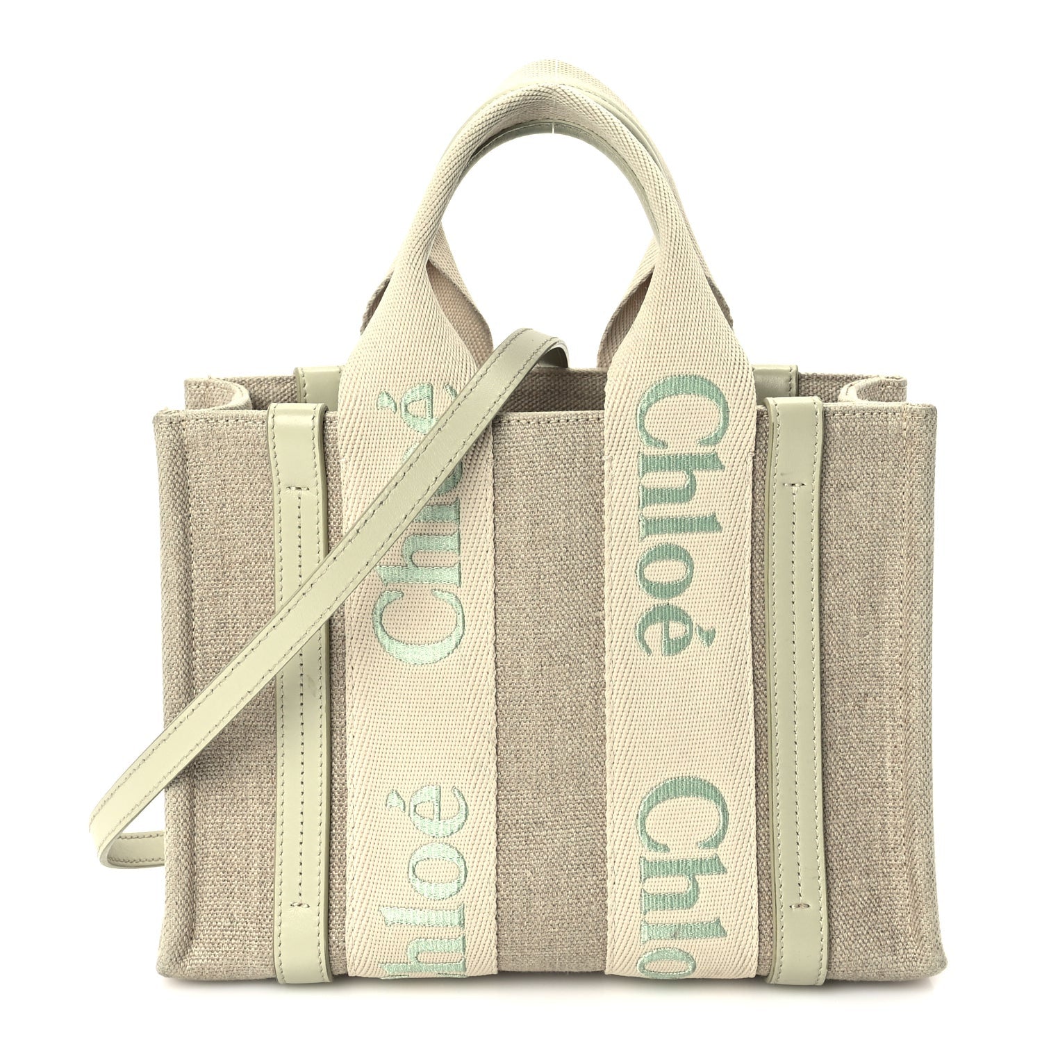 Chloe Linen Calfskin Small Woody Ribbon Tote With Strap  Light Eucalyptus 1 of 8