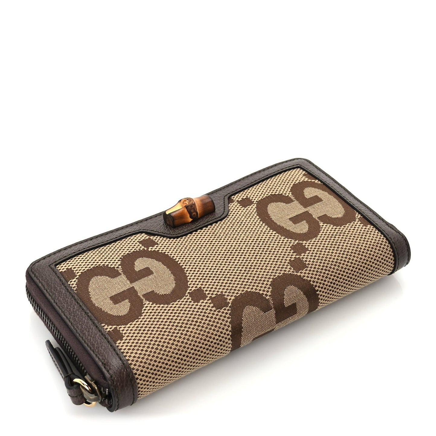 Monogram Jumbo GG Textured Dollar Calfskin Diana Zip Around Continental Wallet Camel Ebony New Acero
