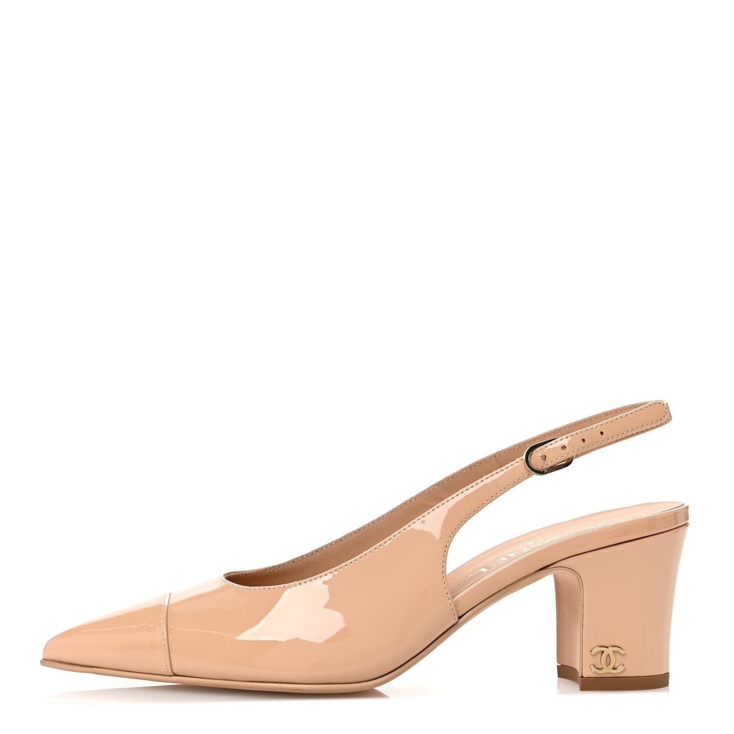 Patent Calfskin Cap Toe CC Slingback Pumps 38 Beige