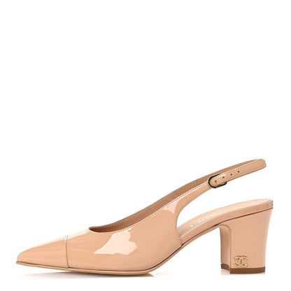 Chanel Patent Calfskin Cap Toe CC Slingback Pumps 38 Beige 1 of 7