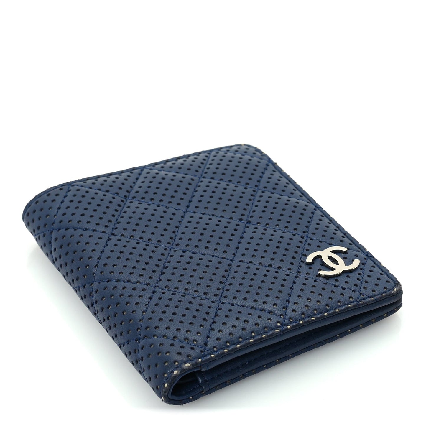 Perforated Lambskin Quilted Bifold Compact Wallet  Navy
