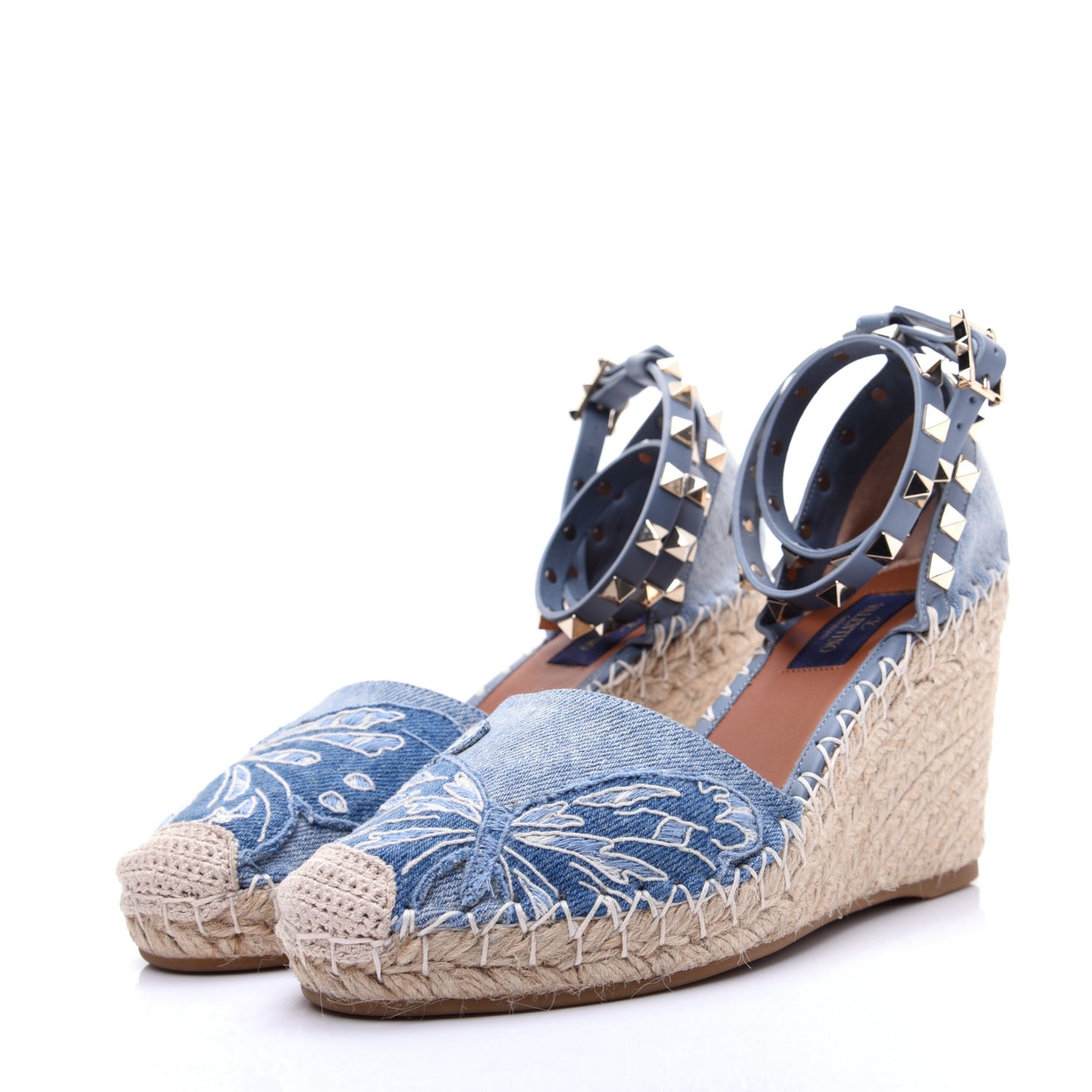 Denim Butterfly Embroidered Rockstud Ankle Wrap Espadrille 15/85mm Wedges 36 Light Denim