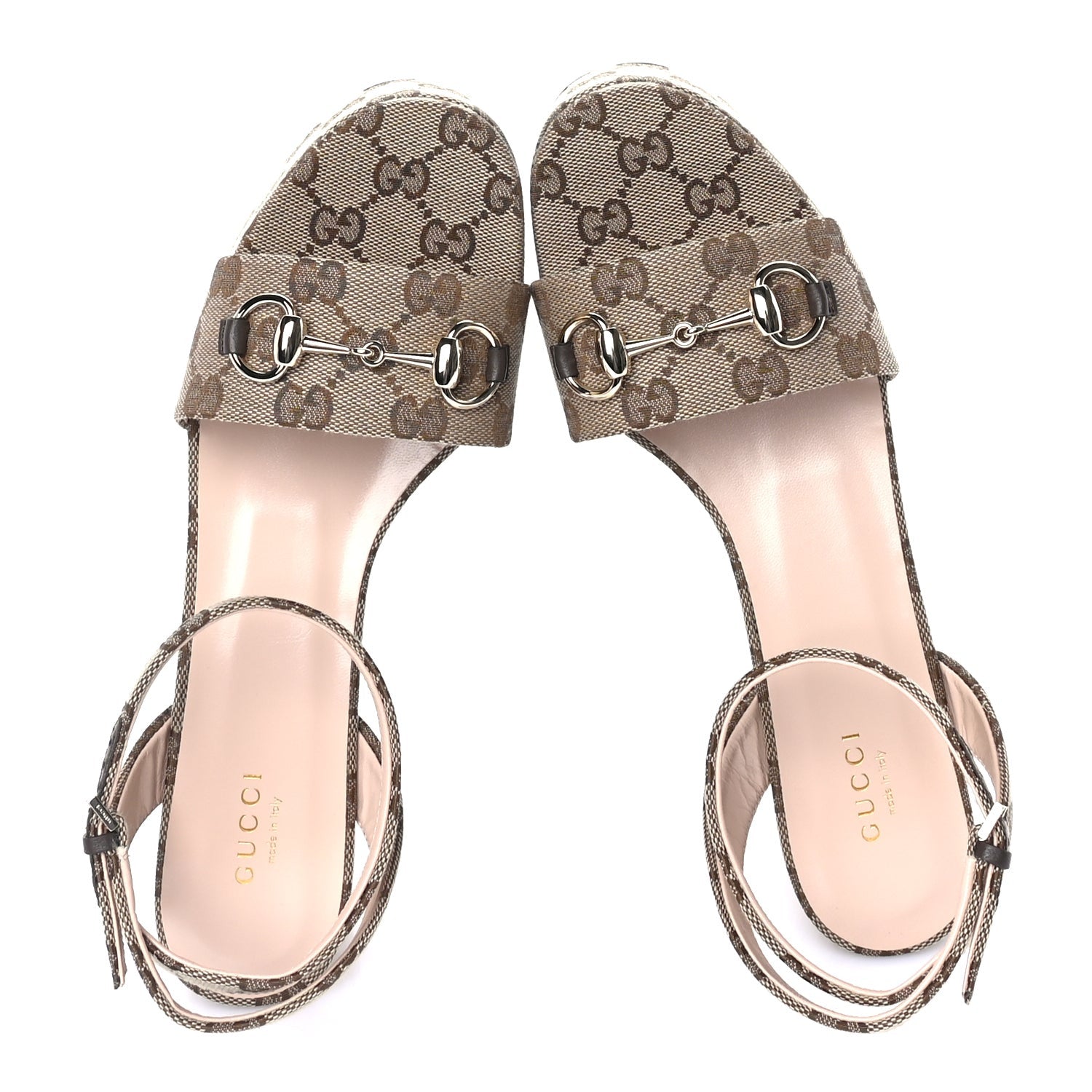 Gucci Monogram Nappa Chalotte Horsebit Ankle Strap 75mm Flatform Sandals 38  Beige Ebony 5 of 7