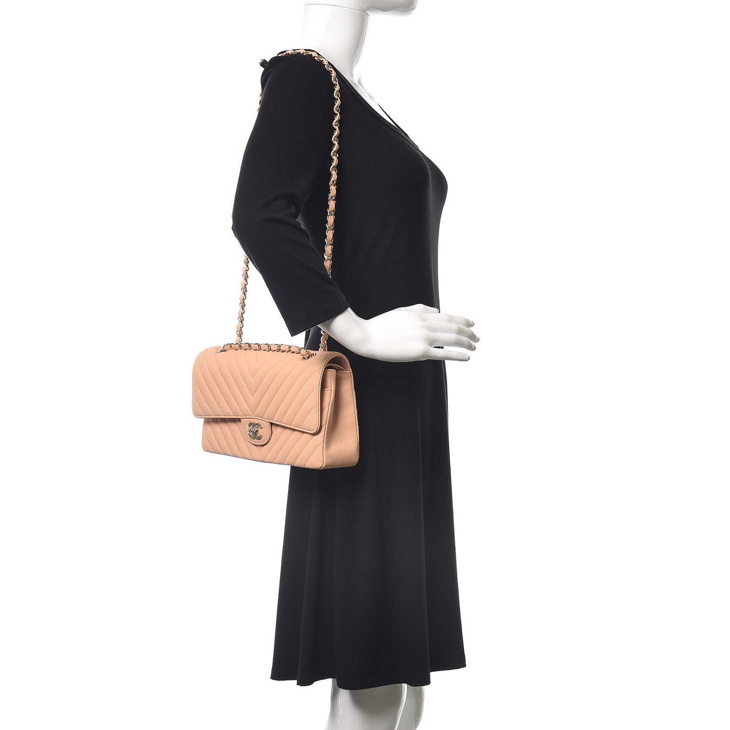 Caviar Chevron Quilted Medium Double Flap Beige