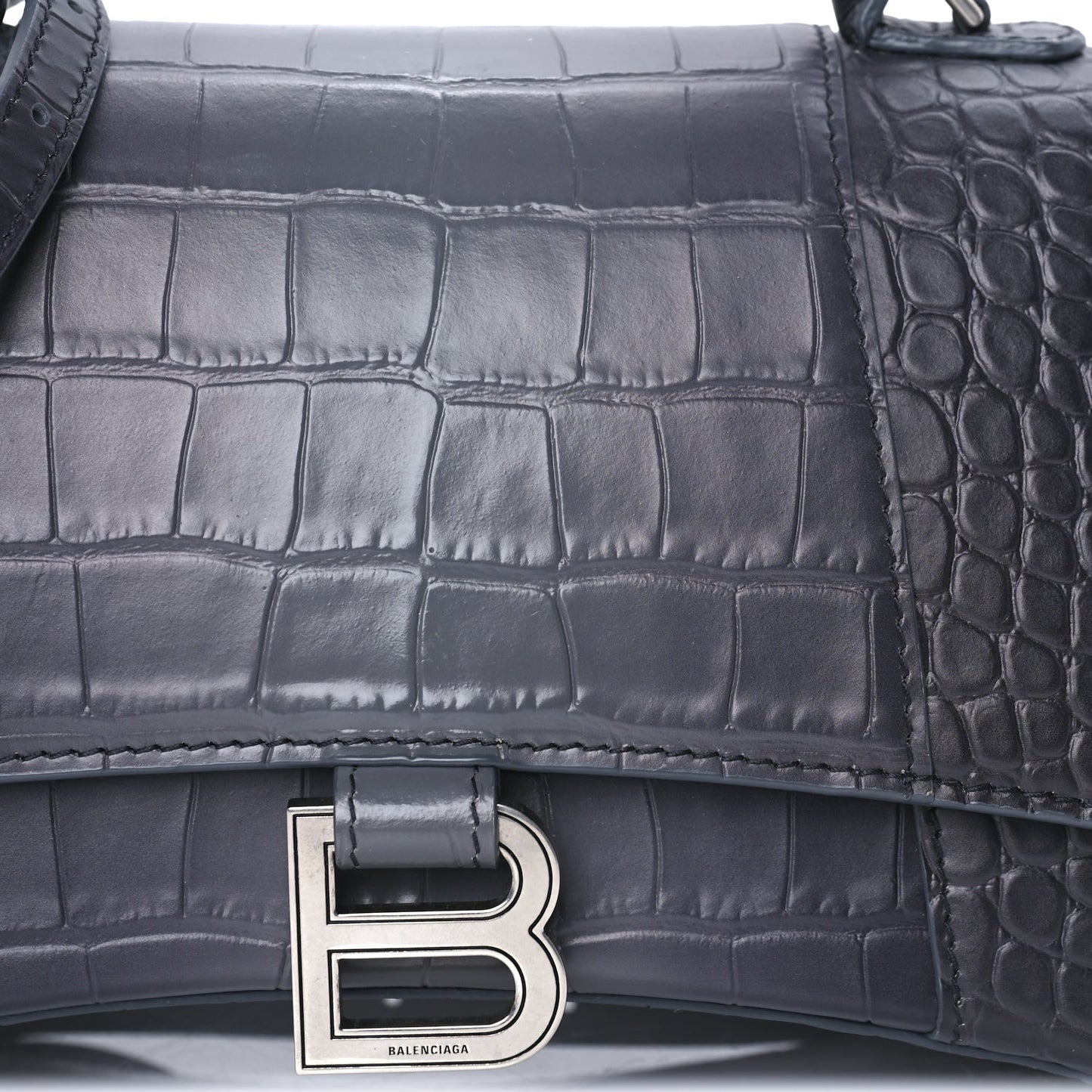 Shiny Calfskin Crocodile Embossed Small Hourglass Top Handle Bag  Dark Grey