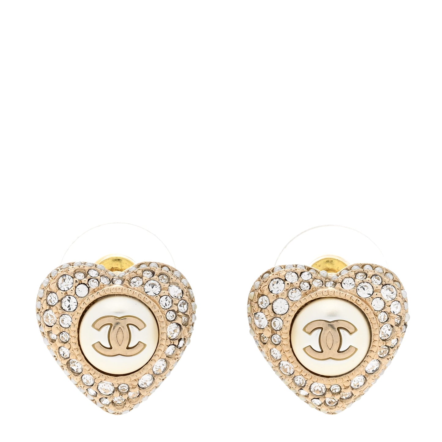 Pearl Crystal CC Heart Earrings Gold White