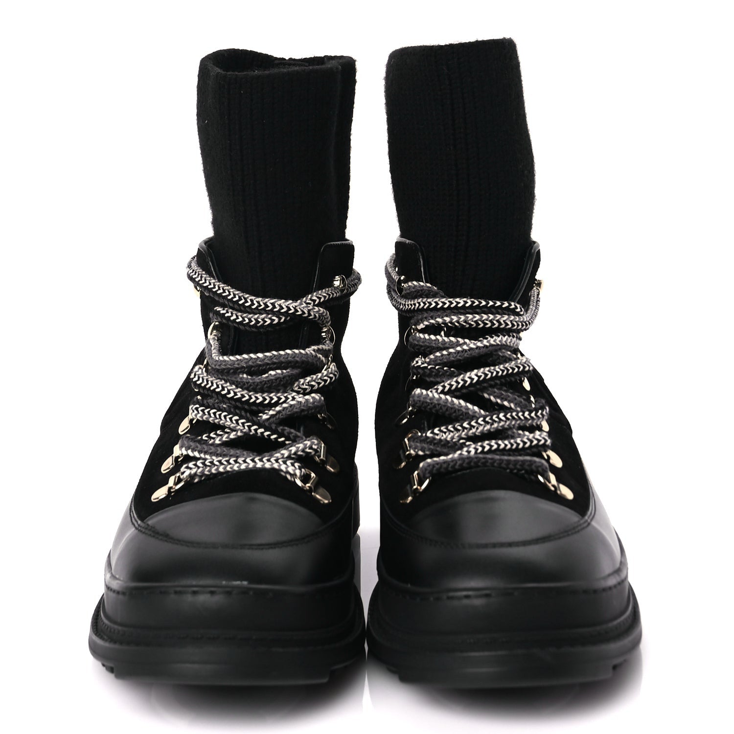 Chanel Suede Knit Womens Sock Lace Up Boots Black 2 of 7