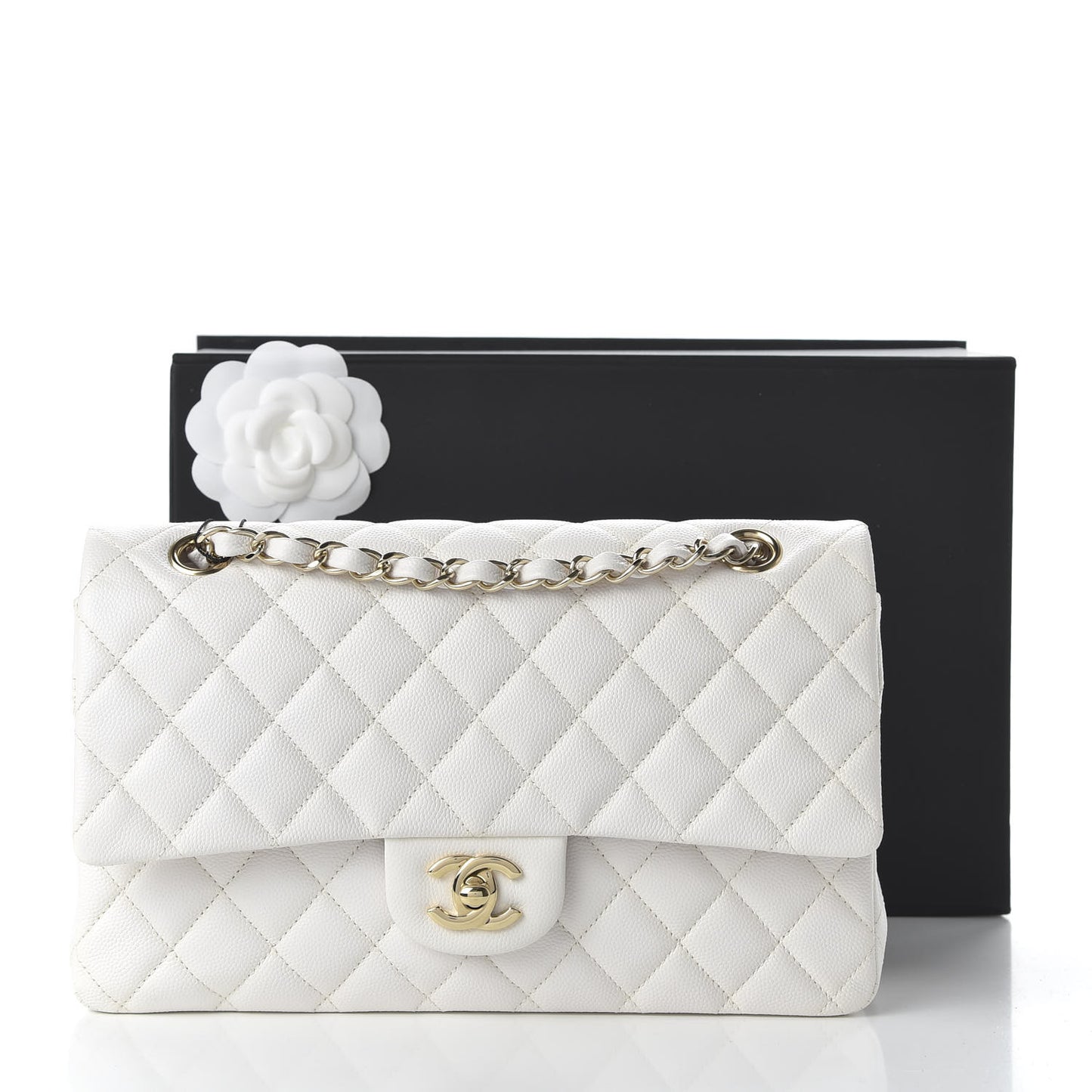 Caviar Quilted Medium Double Flap White