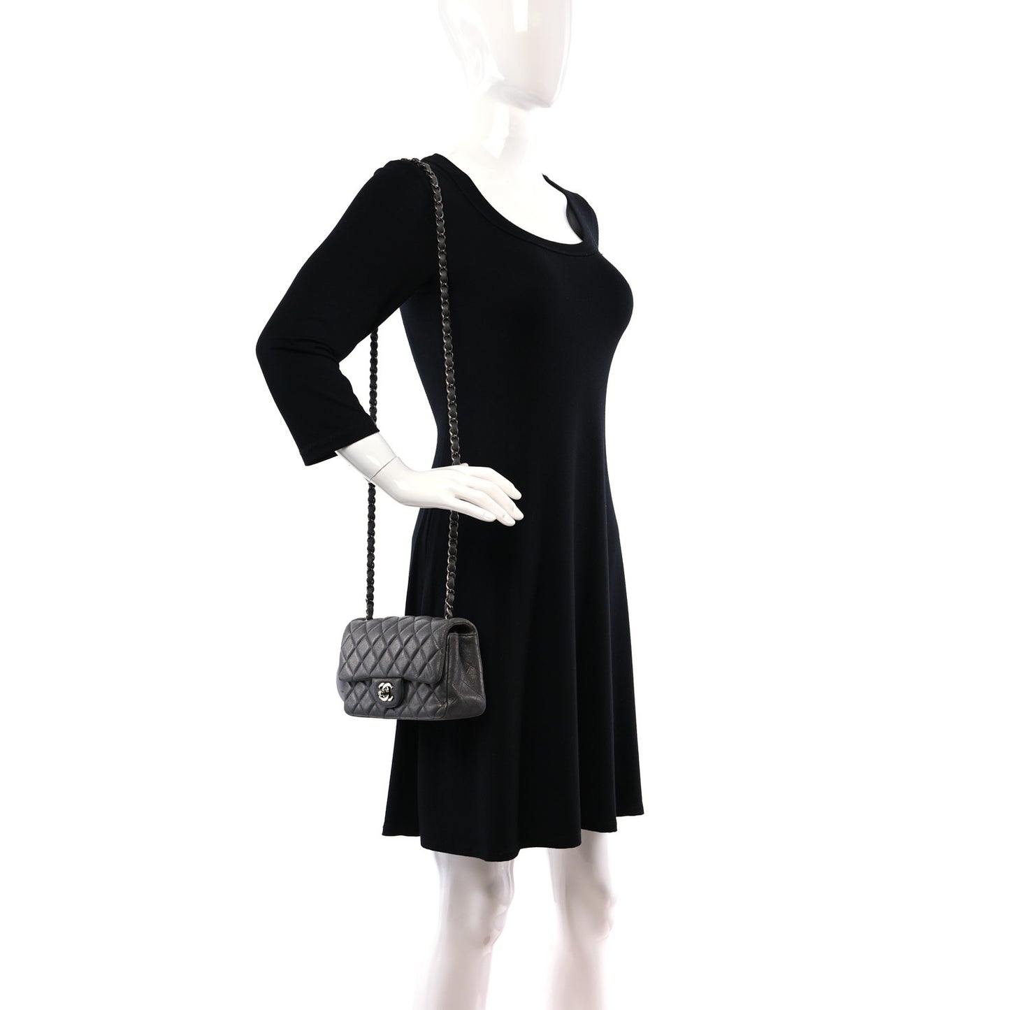 Iridescent Calfskin Quilted Mini Rectangular Flap Dark Grey