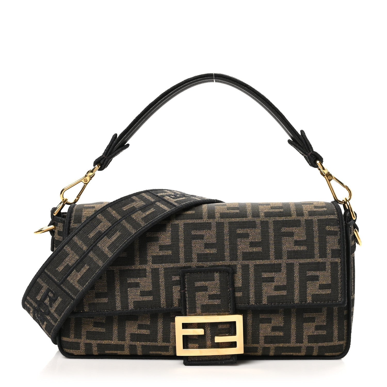 Fendi Fabric Jacquard FF 1974 Medium Baguette Tobacco Moro Black 1 of 7