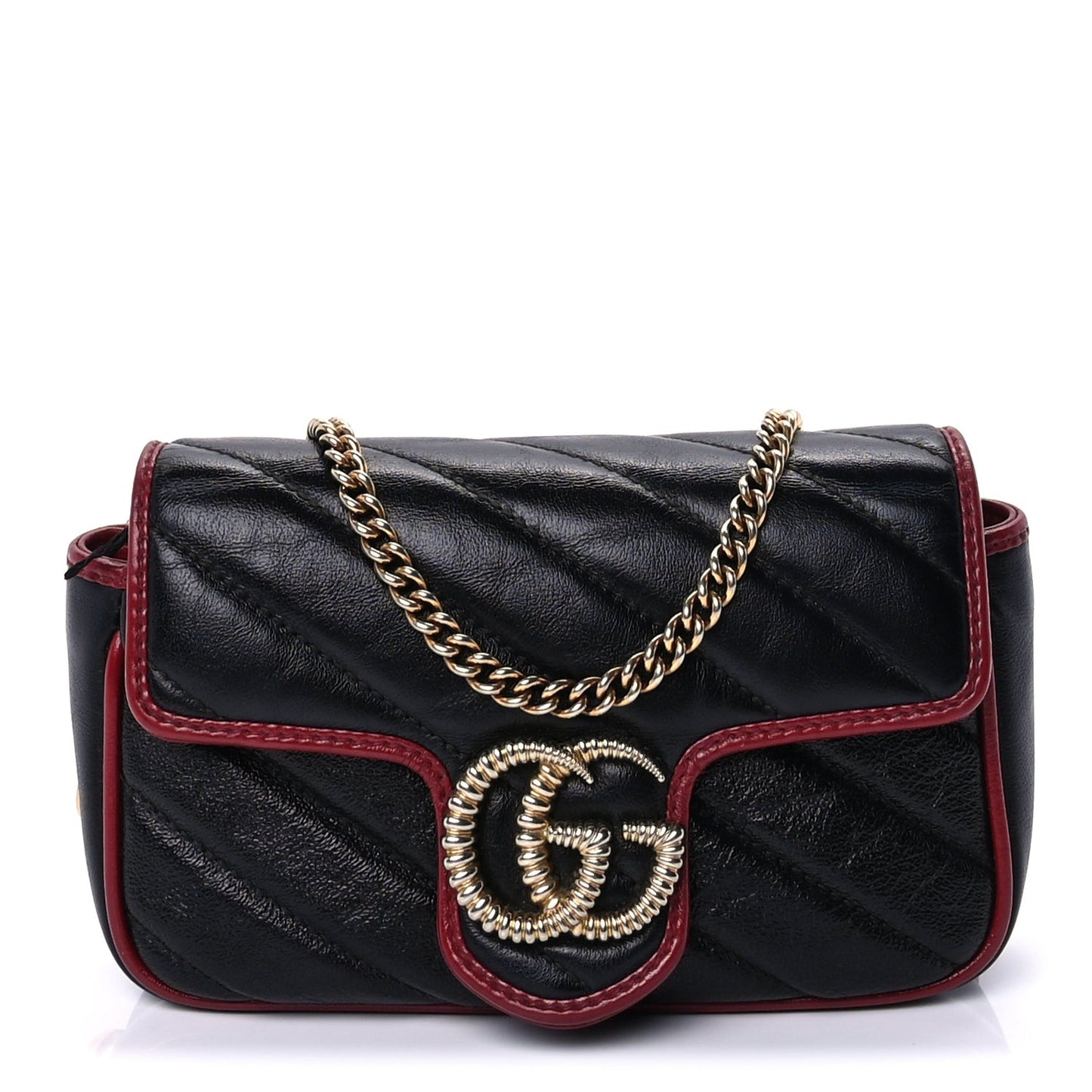 Vintage Effect Calfskin Matelasse Diagonal Super Mini Torchon GG Marmont Shoulder Bag Black Romantic Cherry Black Romantic Cherry