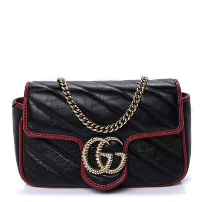 Gucci Vintage Effect Calfskin Matelasse Diagonal Super Mini Torchon GG Marmont Shoulder Bag Black Romantic Cherry Black Romantic Cherry 1 of 7