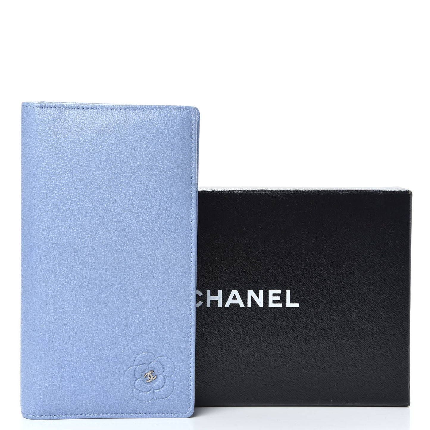 Goatskin Camellia Embossed Yen Wallet Blue