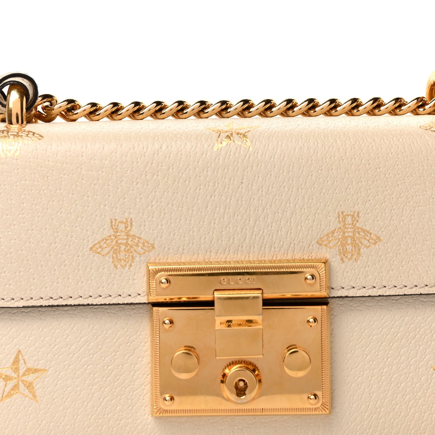 Grained Calfskin Bee Star Small Padlock Shoulder Bag White