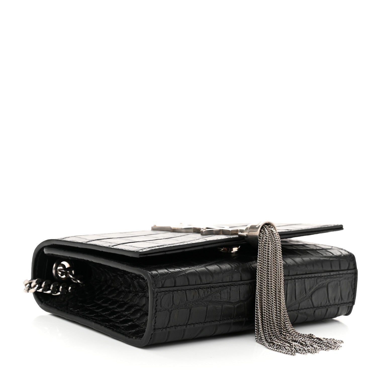 Saint Laurent Calfskin Crocodile Embossed Small Classic Monogram Kate Tassel Satchel Black 4 of 7