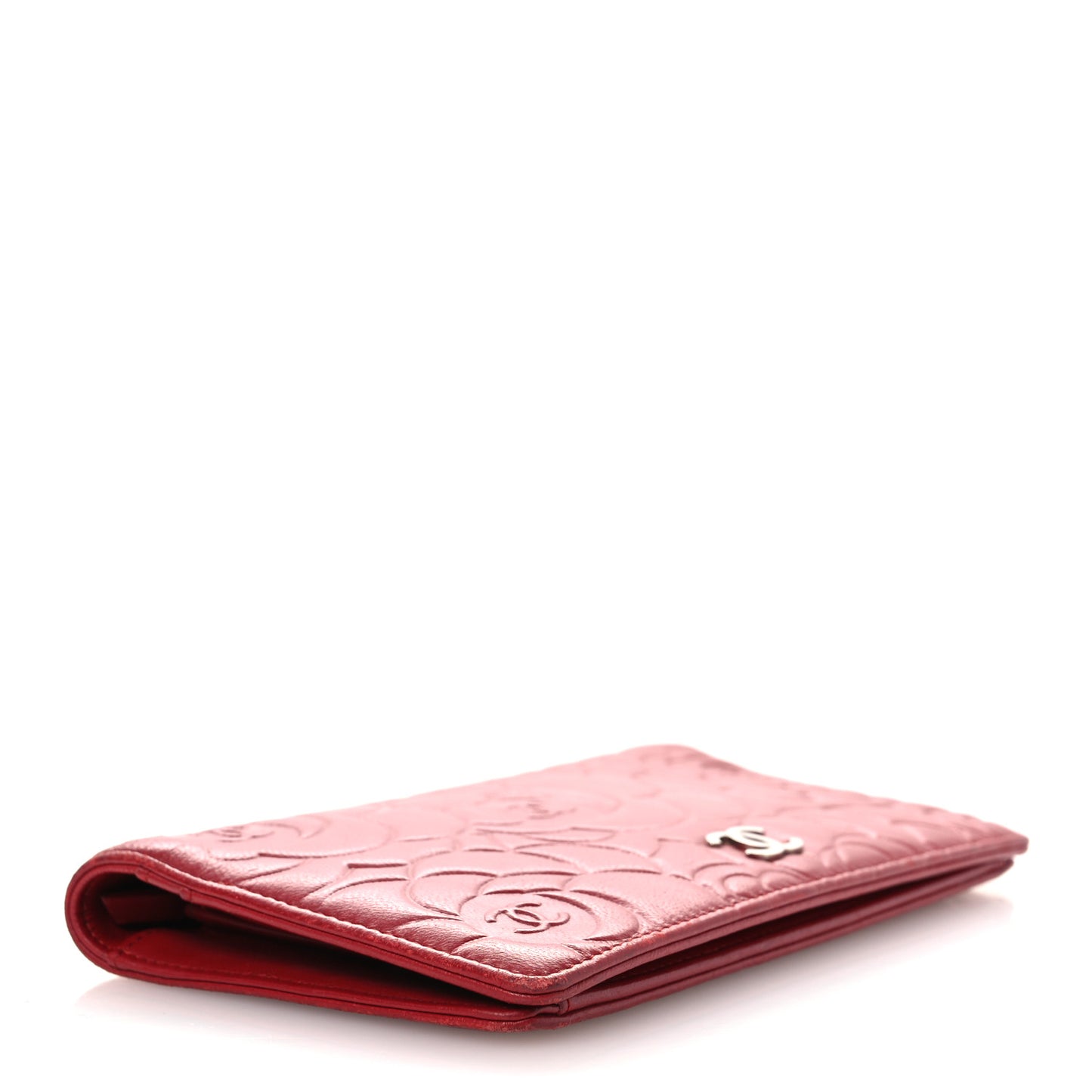 Lambskin Camellia Embossed Yen Wallet Dark Red