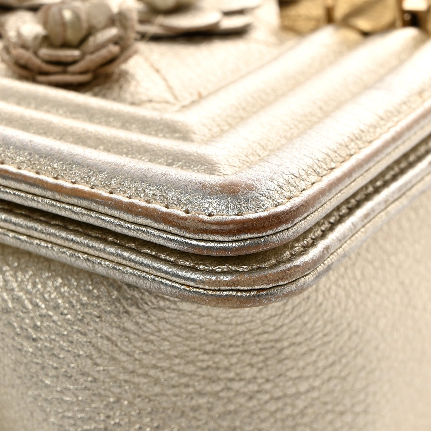 Metallic Calfskin Quilted Camellia Small Boy Flap Gold