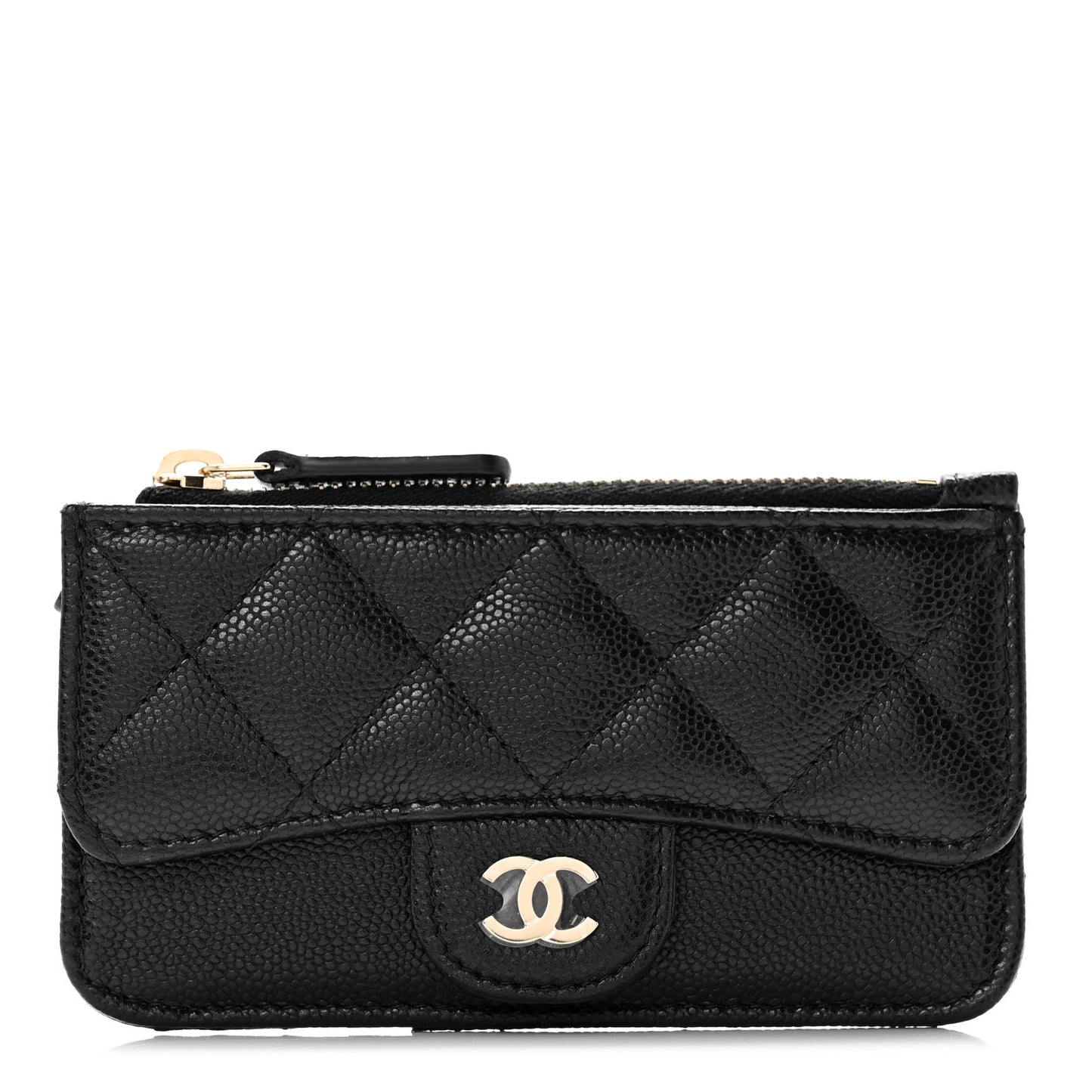 Caviar Quilted Flap Zip Card Holder Black