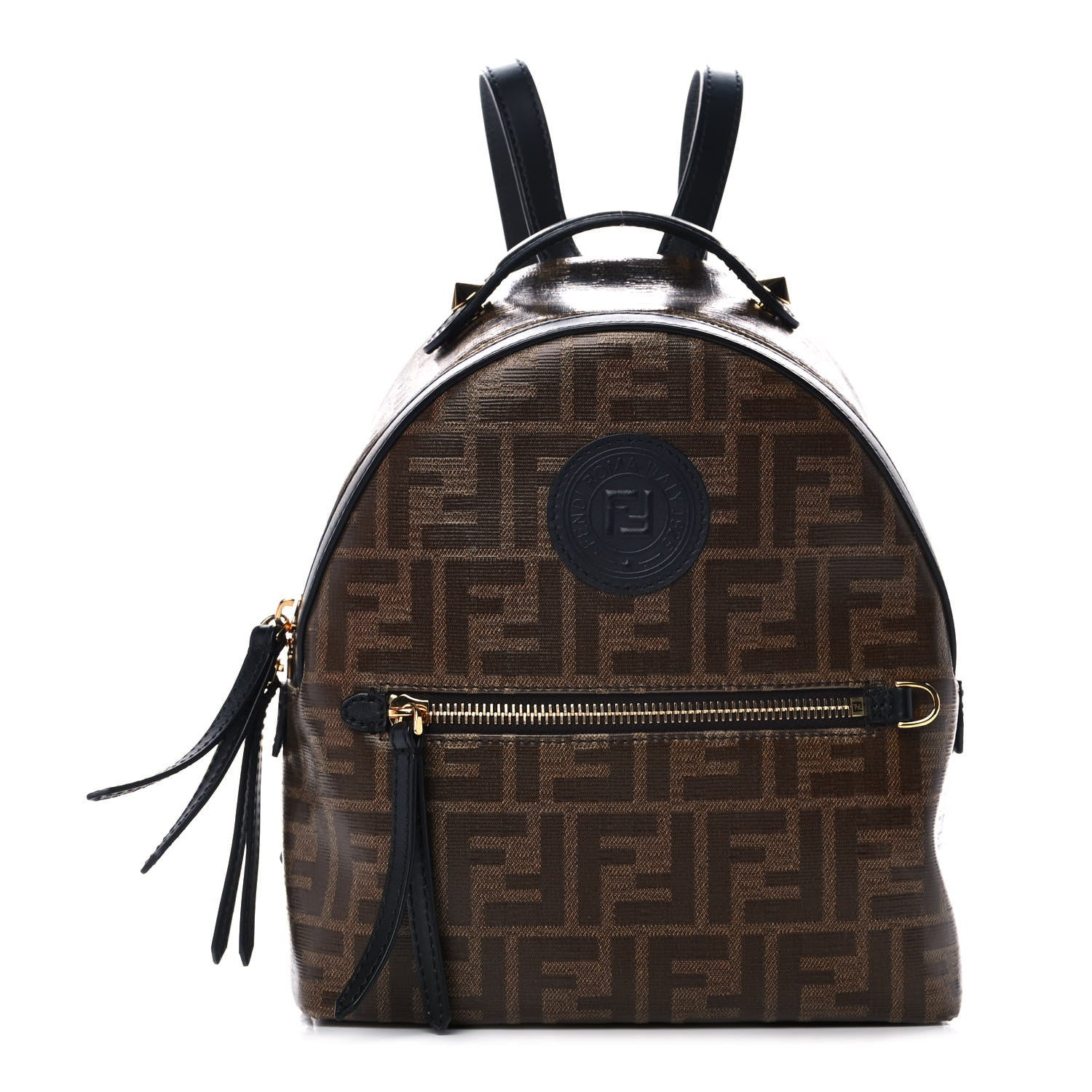 Fendi Glazed Fabric Vitello Century FF 1974 Stamp Patch Mini Backpack Mogano Panna Black 1 of 11