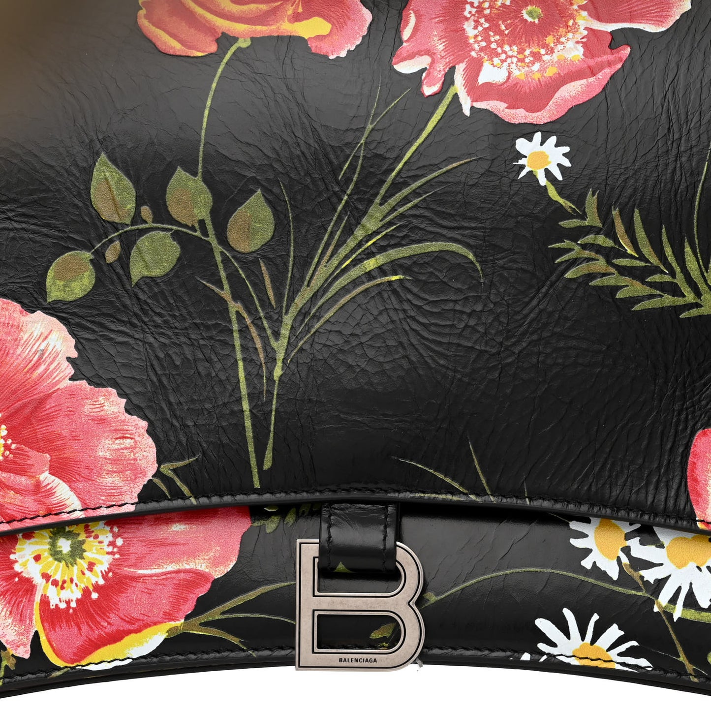 Shiny Paper Calfskin Floral Print Large Crush Sling Bag Black Red