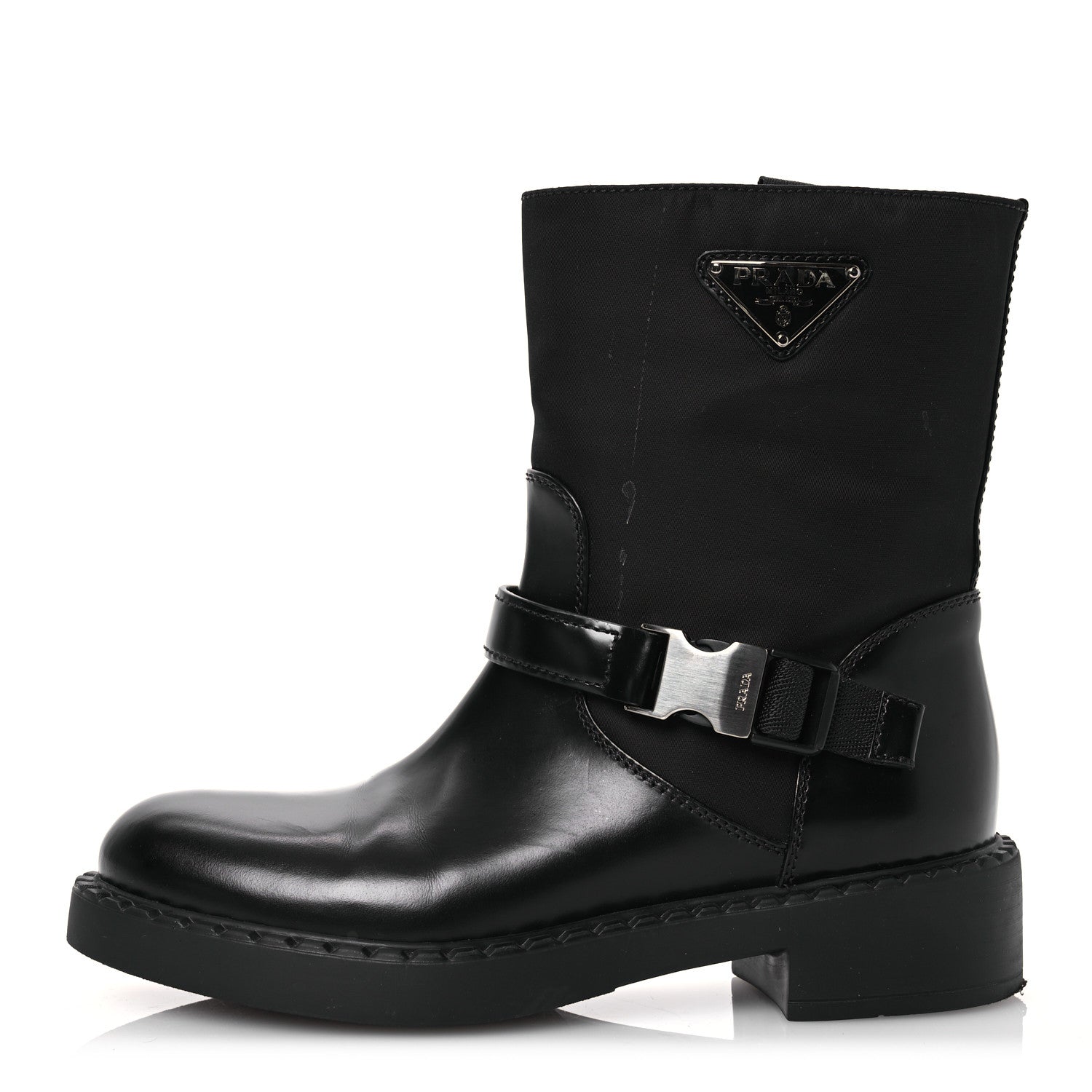 Prada Spazzolato Re-Nylon Metal Triangle Logo Buckled 50mm Biker Boots 37.5 Black 1 of 15