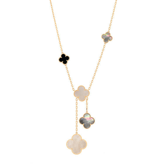 18K Yellow Gold Mother of Pearl Onyx 6 Motifs Magic Alhambra Necklace