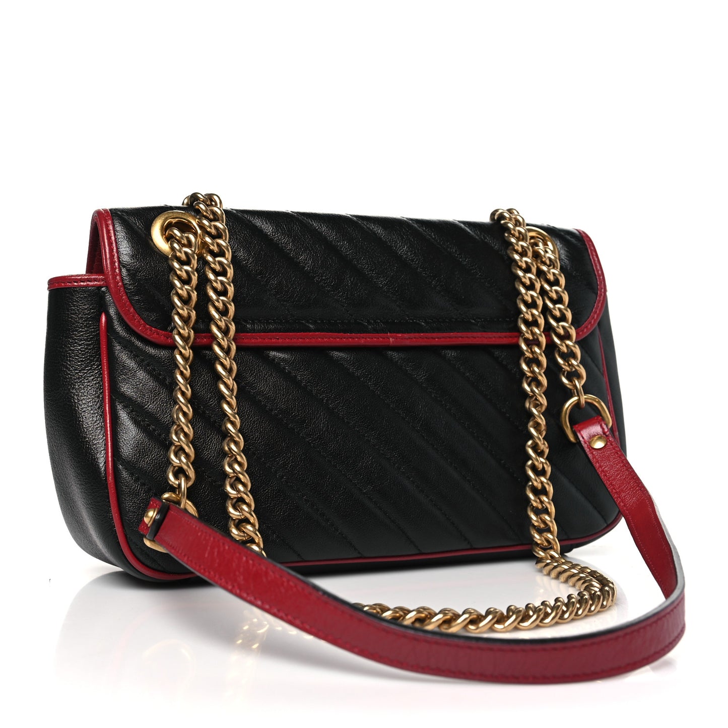 Vintage Effect Calfskin Matelasse Diagonal Small Torchon GG Marmont Shoulder Bag Black Romantic Cherry