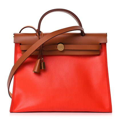 Hermes Toile H Berline Vache Hunter Herbag Zip 31 PM Orange Mecano Fauve 1 of 12
