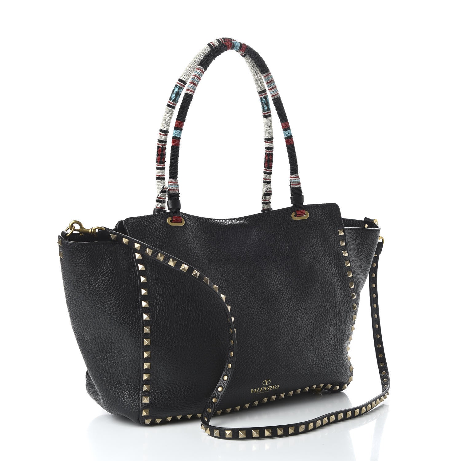 Valentino Garavani Pebbled Calfskin Beaded Medium Rockstud Tote Black 3 of 9
