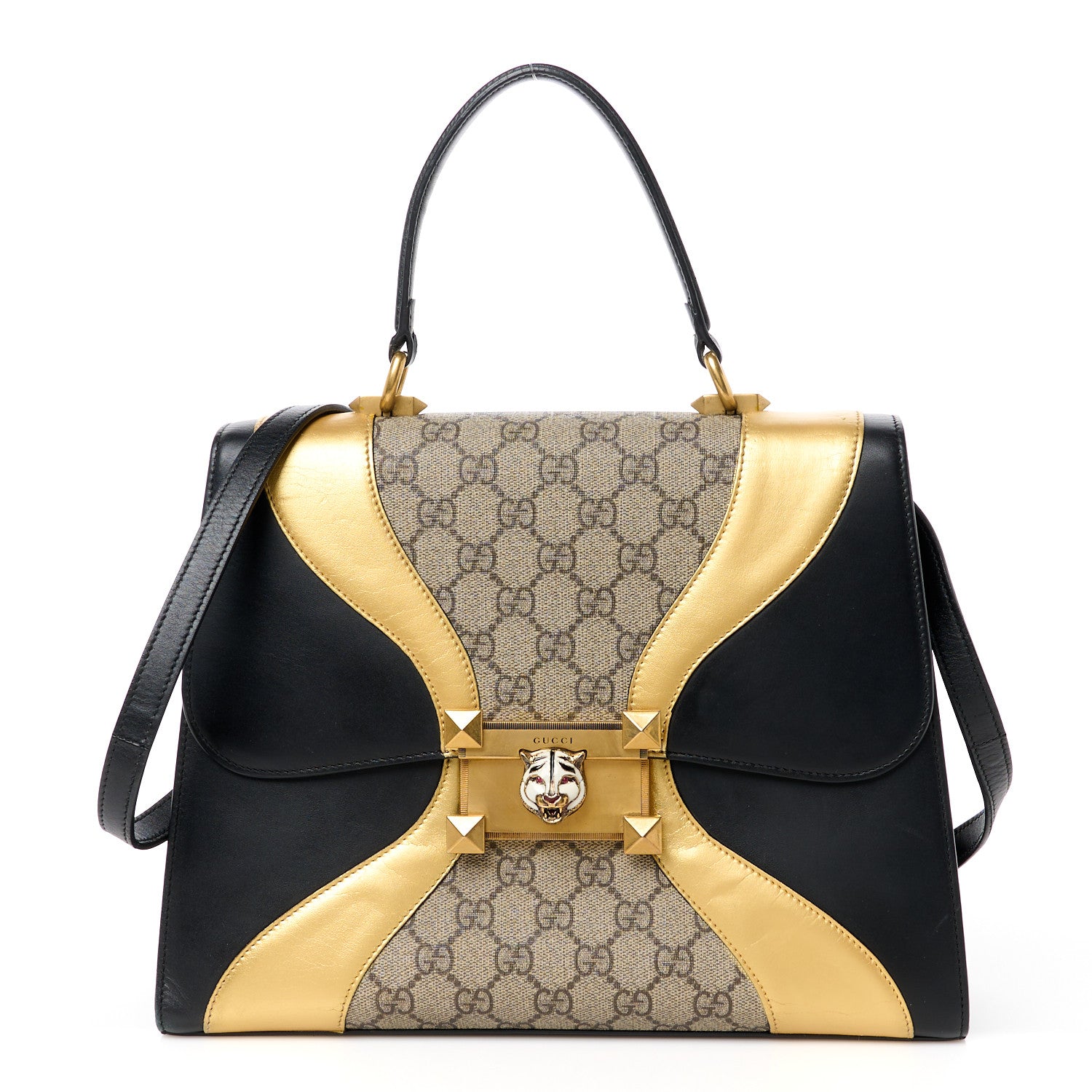 Gucci GG Supreme Monogram Small Osiride Top Handle Bag Black Gold 1 of 13