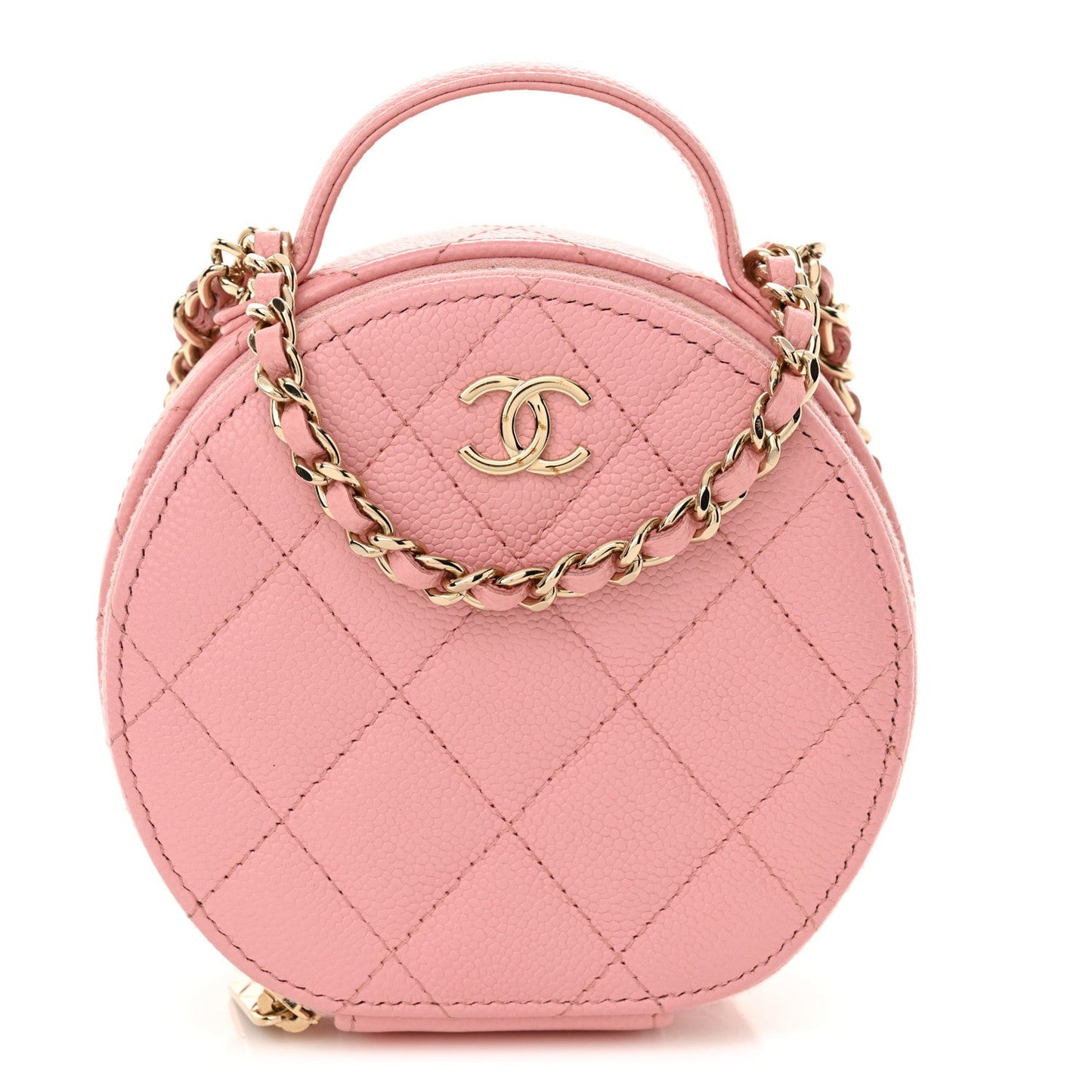 Caviar Quilted Round Handle With Care Vanity With Chain Pink