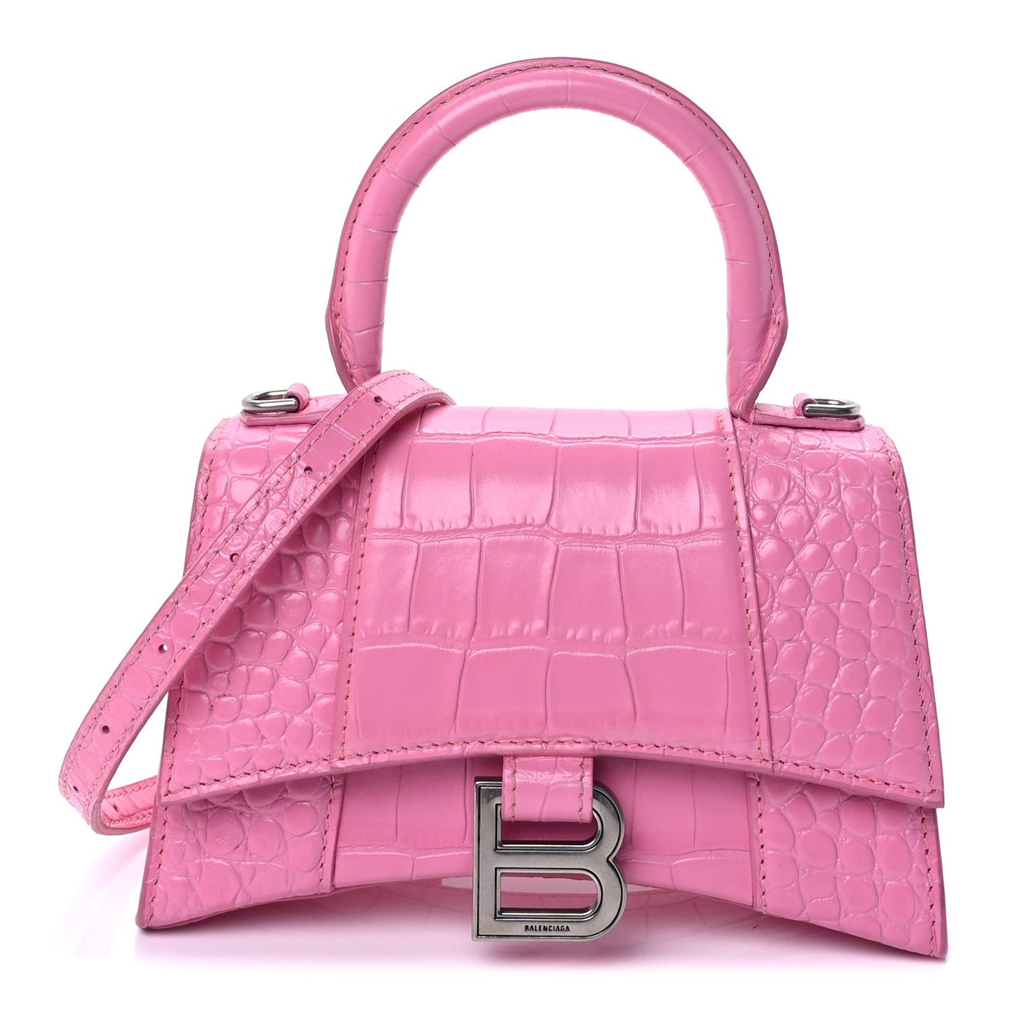Shiny Calfskin Crocodile Embossed Hourglass Top Handle Bag XS Baby Pink