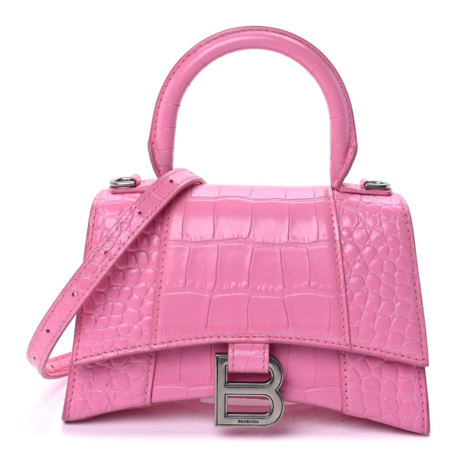 Balenciaga Shiny Calfskin Crocodile Embossed Hourglass Top Handle Bag XS Baby Pink 1 of 8
