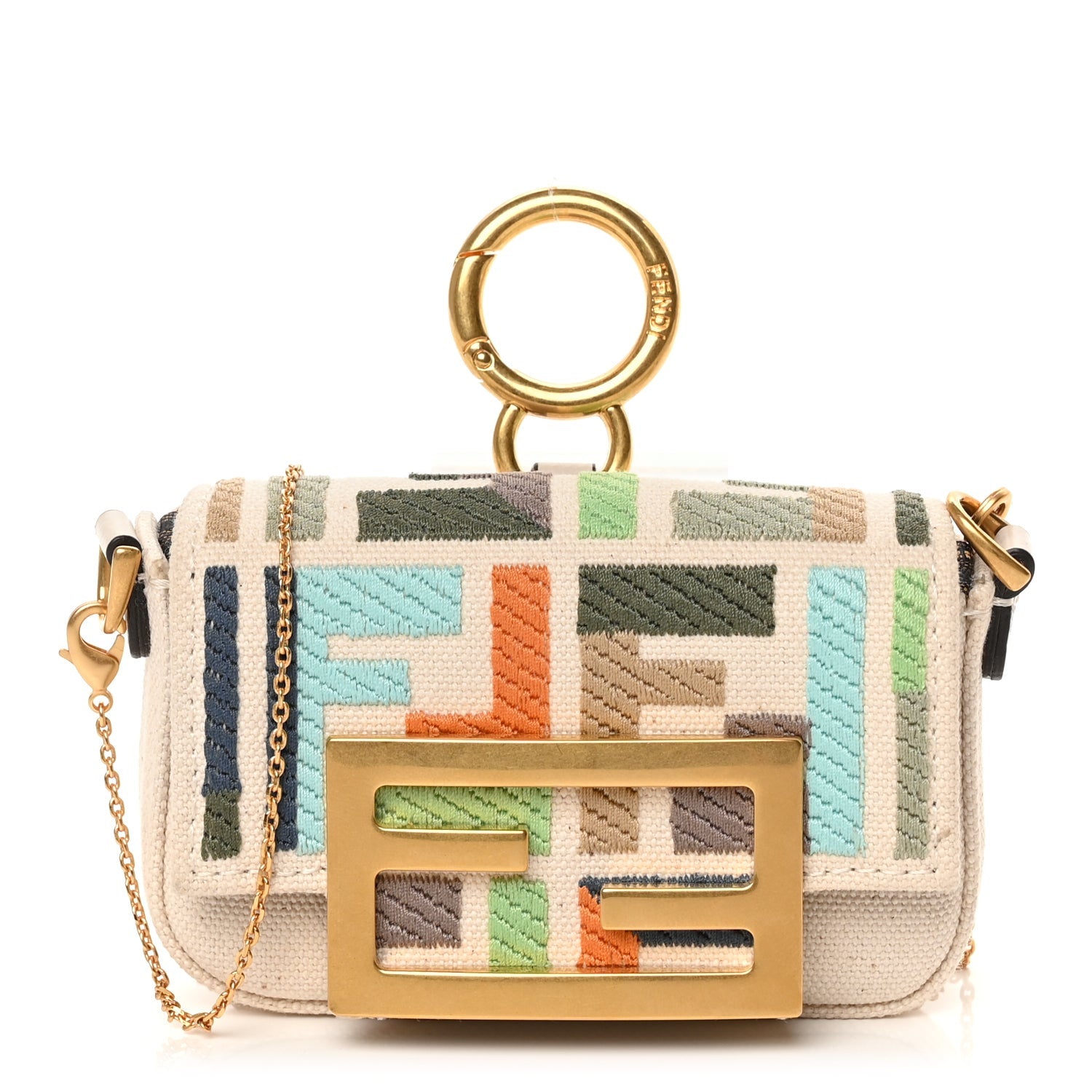 Fendi Canvas Nappa FF Multicolor Embroidered Nano Maxi Buckle Baguette Charm Grezzo Multicolor Latte 1 of 10