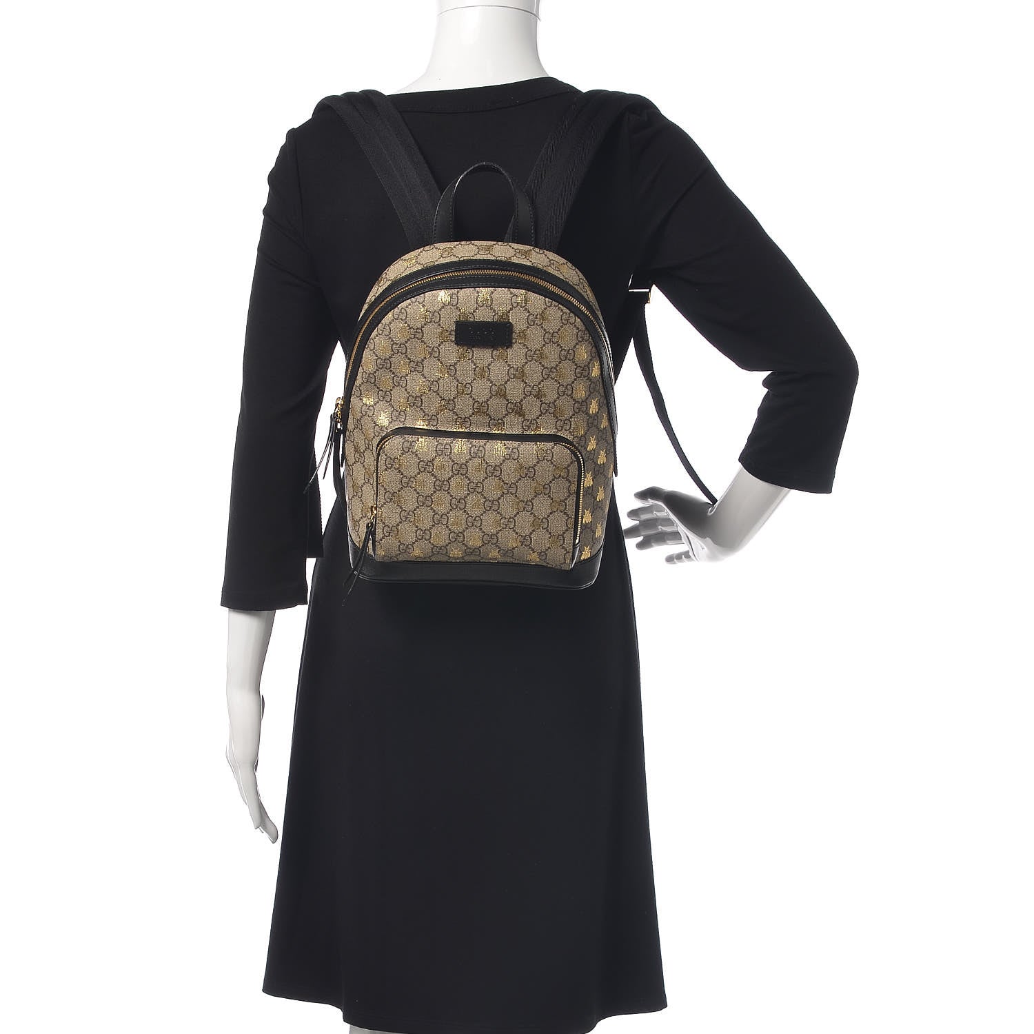 Gucci GG Supreme Monogram Bees Print Small Day Backpack Beige Oro Black 2 of 9