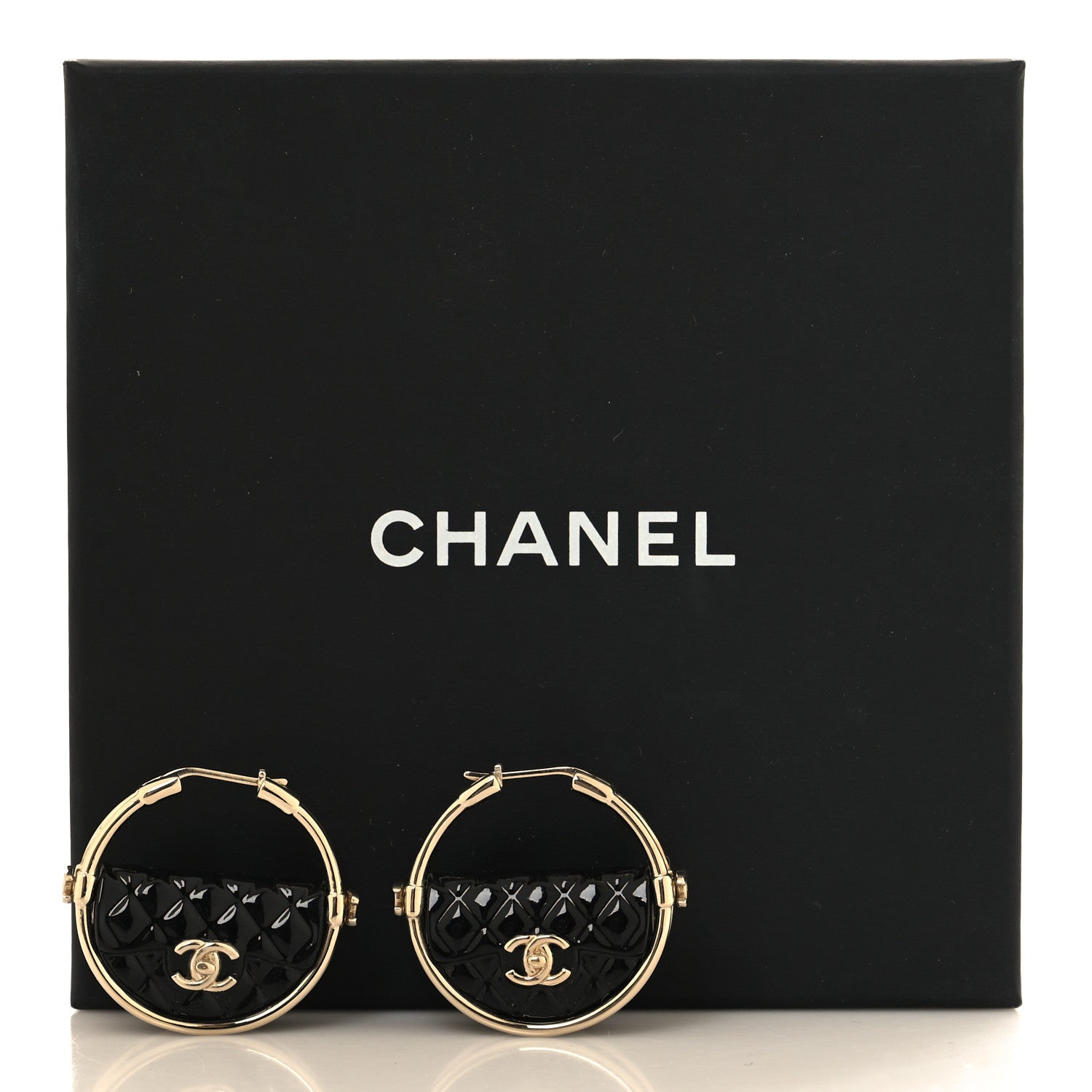 Chanel Metal Resin Quilted Flap Bag Hoop Earrings Black Gold 5 of 5