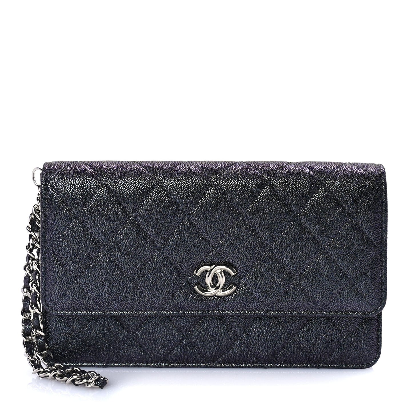 Iridescent Caviar Quilted Classic Pouch Clutch  Black