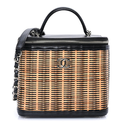 Chanel Glazed Calfskin Raffia Vanity Case Bag  Black Beige 2 of 10
