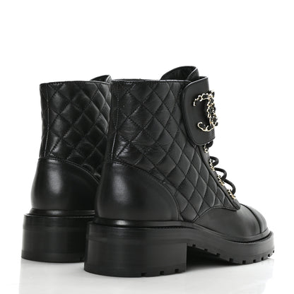 Chanel Shiny Calfskin Quilted Lace Up Combat Boots 40 Black 4 of 8