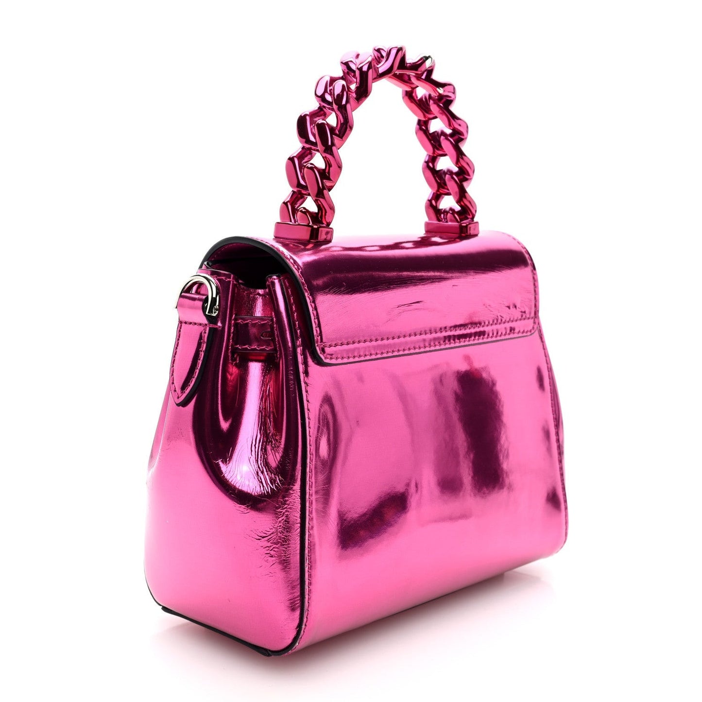 Patent Calfskin Mini La Medusa Chain Top Handle Bag Fuchsia