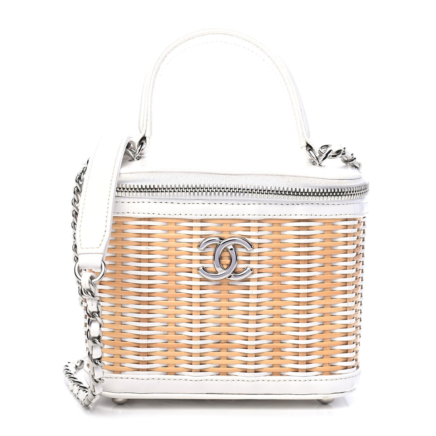 Calfskin Raffia Small Vanity Case Bag White Beige