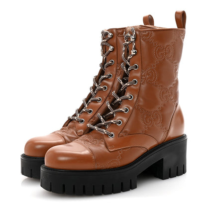 Gucci Cordovan Lux Nappa GG Matelasse Lace Up 60mm Combat Boots 37.5 Dark Hazel Brown 4 of 7