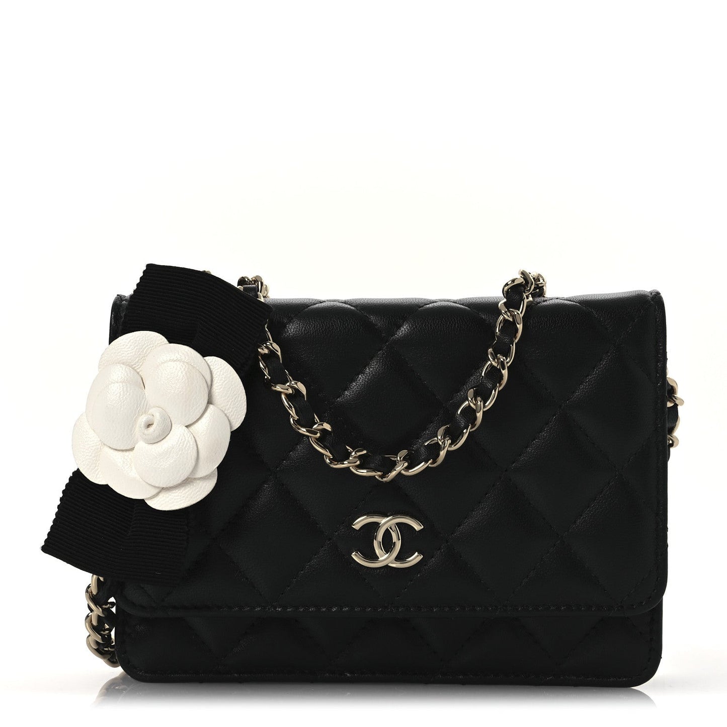 Lambskin Quilted Mini Camellia Bow Wallet On Chain WOC Black