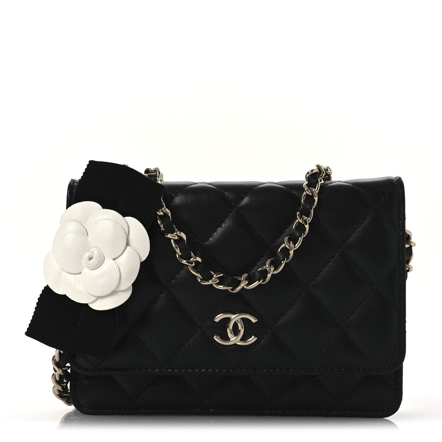 Chanel Lambskin Quilted Mini Camellia Bow Wallet On Chain WOC Black 1 of 7
