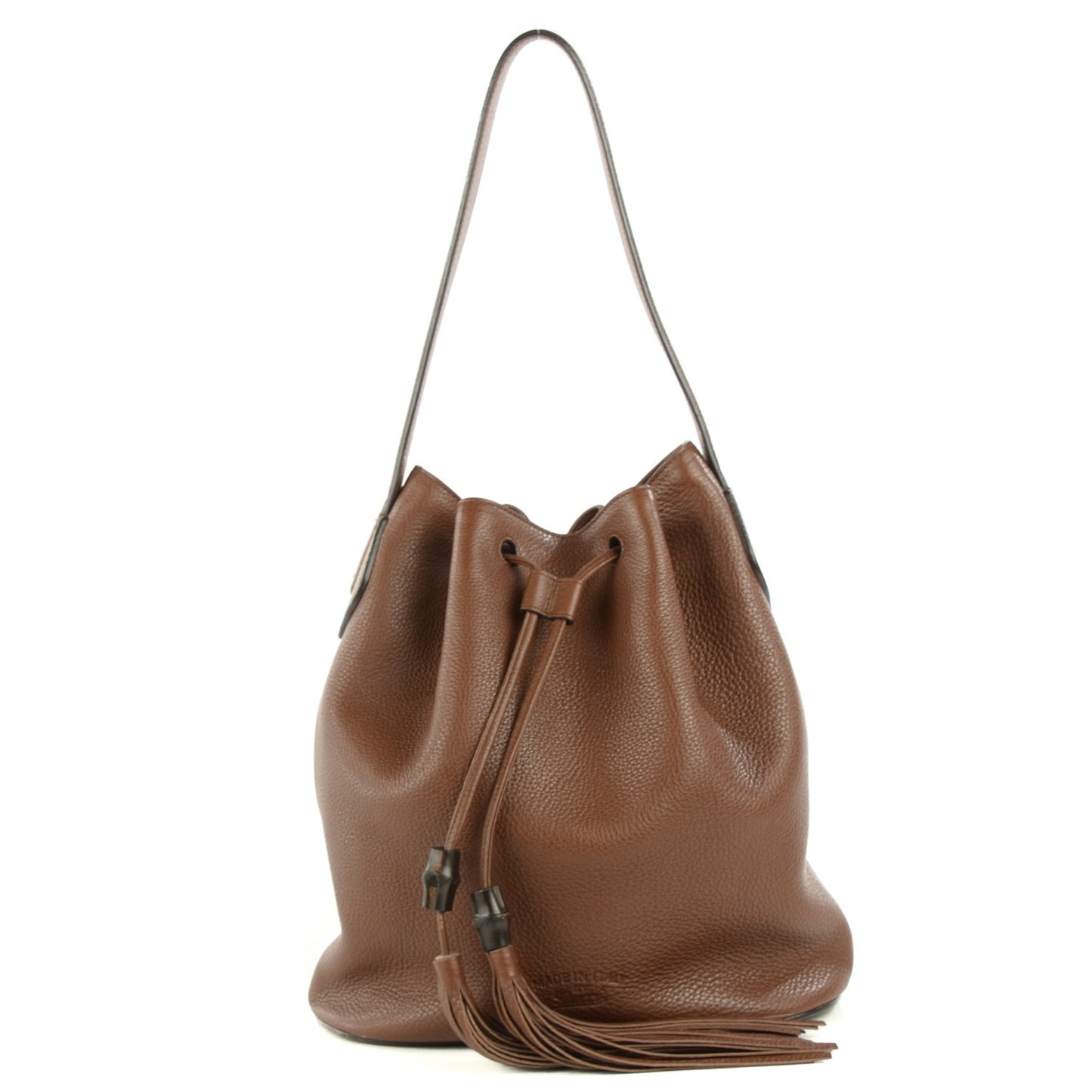 Calfskin Medium Lady Tassel Bucket Bag Nut Brown